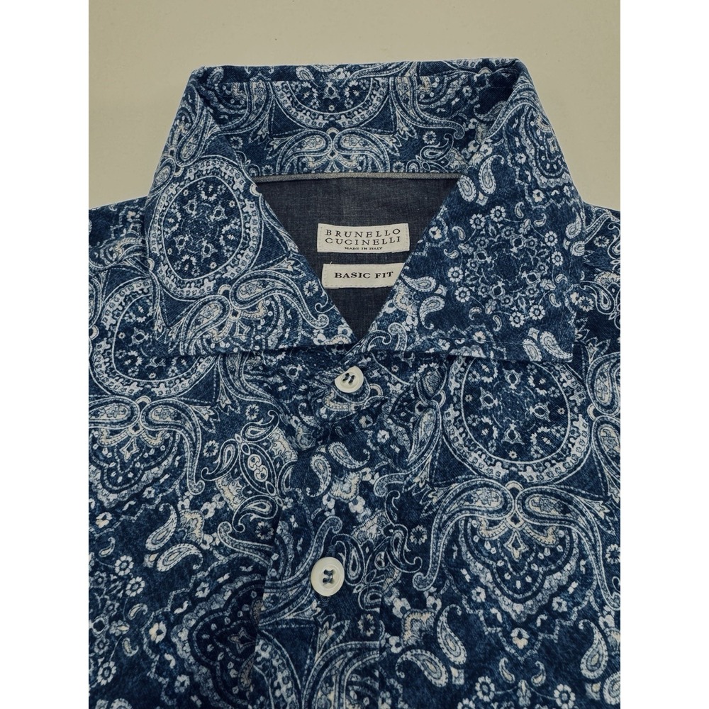 Brunello Cucinelli Paisley Medallion Button Down Shirt Blue Mens Large Basic Fit